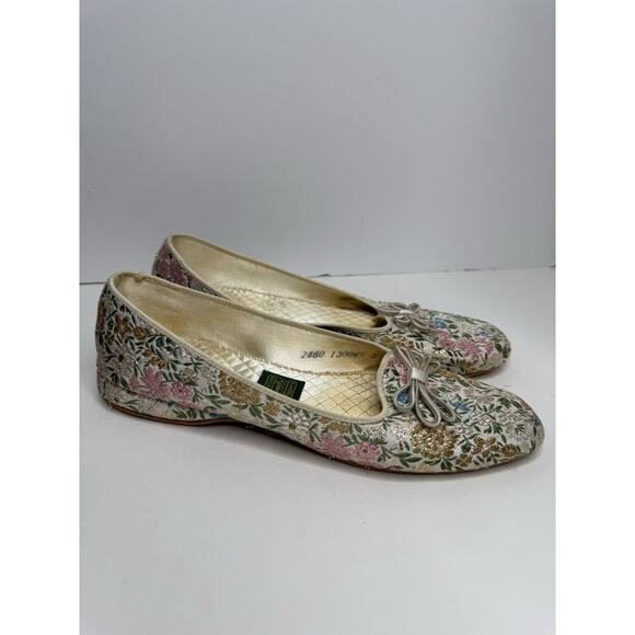 Daniel Green VTG 70’s VTG Embroidered Lamé Brocade Satin Slippers Floral Size 8 - Picture 2 of 5